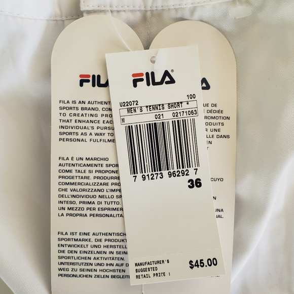 Men's FILA Stretch Button White Tennis Shorts Size 36. BRAND NEW NWT - Picture 5 of 6